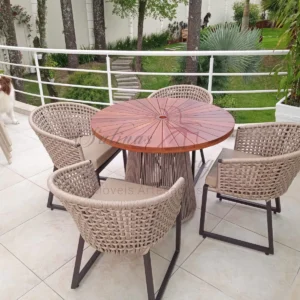 Conjunto de Mesa com 6 cadeiras em corda náutica rami, estrutura em aluminio