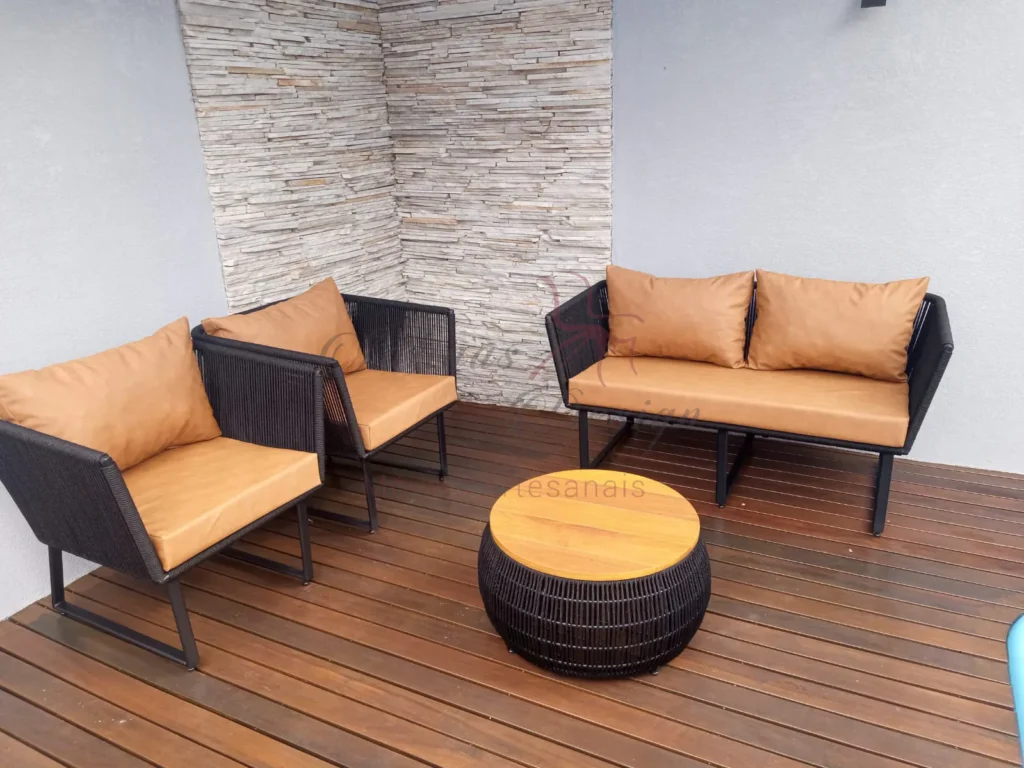 Conjunto Poltrona Corda Nautica Laranja 4 lugares com suporte para objetos