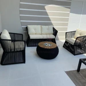 Conjunto Poltrona Corda Nautica preta 4 lugares área externa