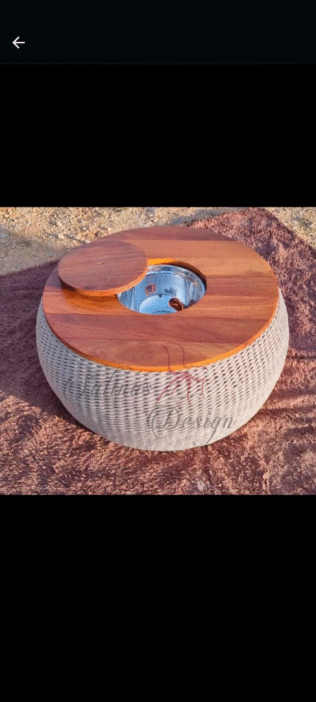 Champanheira inox em corda náutica rami, estrutura em ferro com pintura eletrotástica.