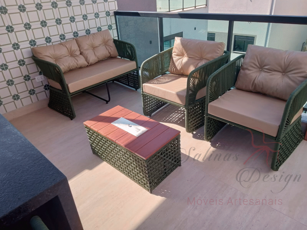 Conjunto de Sofá Paris com lareira portatil em corda náutica.