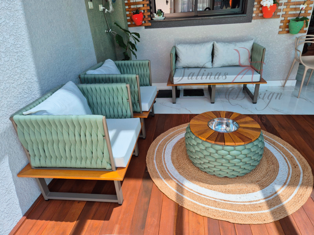 Conjunto de Sofá La Vie visão lateral do acabamento em tricô, feito em corda náutica