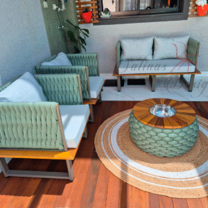 Conjunto de Sofá La Vie visão lateral do acabamento em tricô, feito em corda náutica